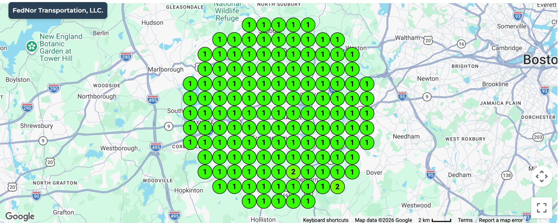 FedNor Transportation Google Maps ranking grid showing #1 positions across their entire Boston area service region